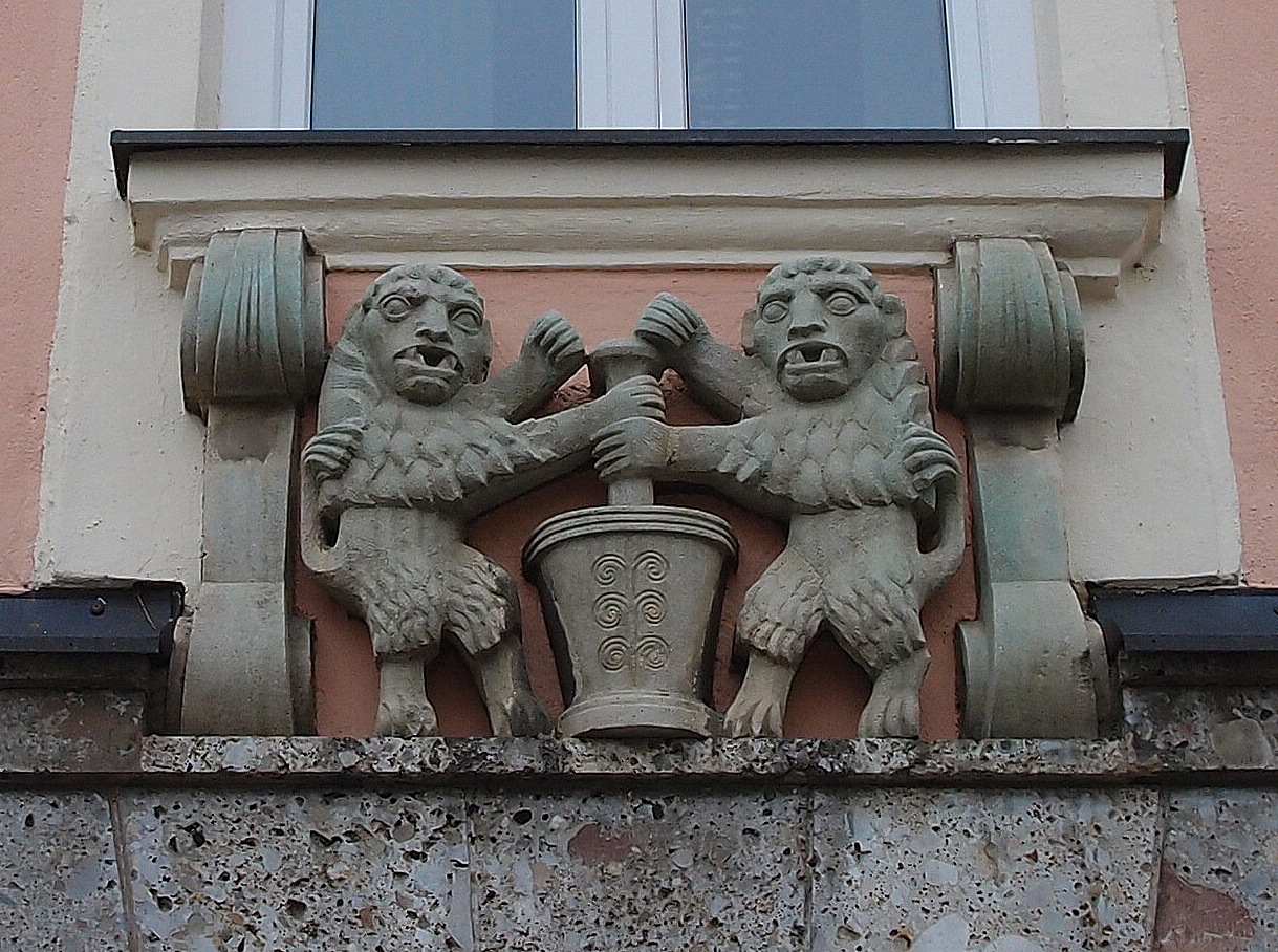 Two lions in a pharmacy house sign