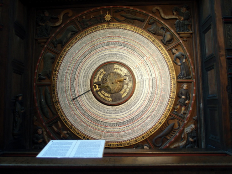 Calendar of the astronomical clock at St Mary's Church in Rostock, Germany